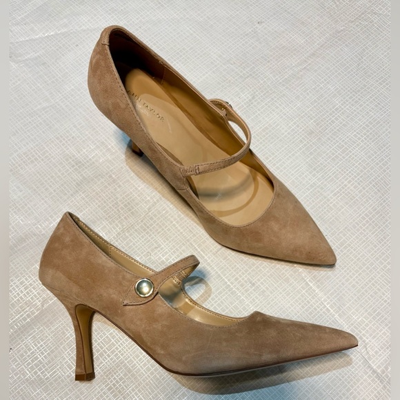 Ann Taylor New Sz 7 M Suede Leather Women's Tan Nude Mary Jane Heels Shoes - Picture 2 of 8